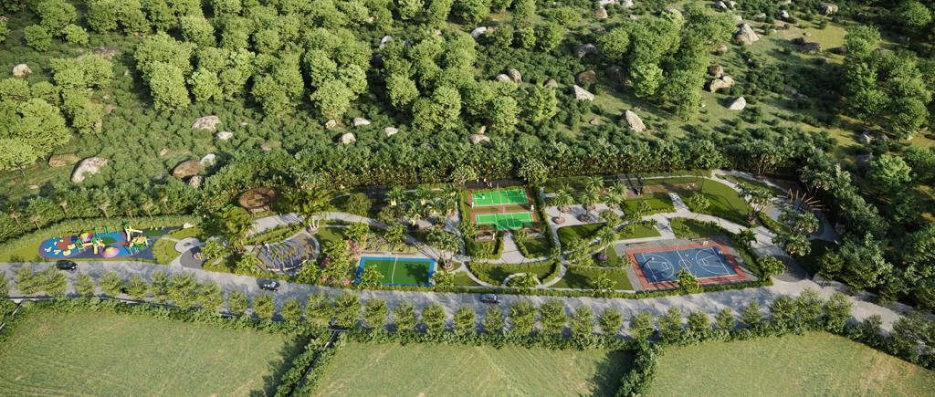 Aerial view of sports courts and landscaped parks